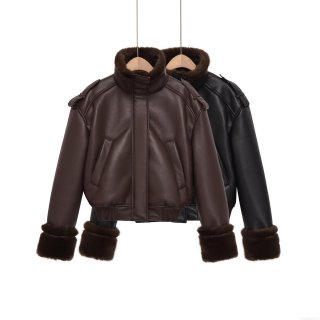 Women's Retro Faux Leather Aviator Jacket With Faux Fur Collar Warm Winter Short Biker Bomber Coat For Women Fashion Outwear Black Coffee