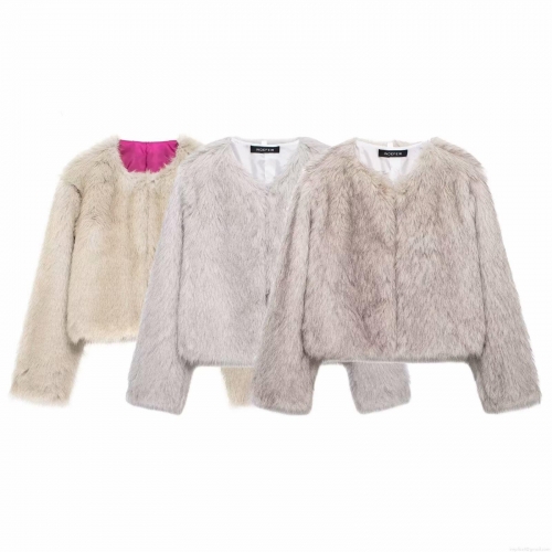 Women's Fashion Faux Fur Short Coat Long Sleeve Collarless Fluffy Jacket Luxury Contrast Lining Plush Outerwear For Winter Party Casual