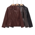 Women Short Faux Leather Jacket PU Moto Biker Coat Elastic Waist Metal Zipper Lapel Collar Solid Color Outerwear Streetwear Casual Daily Spring Autumn Fashion