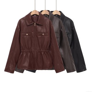 Women Short Faux Leather Jacket PU Moto Biker Coat Elastic Waist Metal Zipper Lapel Collar Solid Color Outerwear Streetwear Casual Daily Spring Autumn Fashion