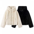 Women's Faux Fur Hooded Jacket Warm Shaggy Short Coat With Heart Zipper Puller Soft Winter Outerwear For Ladies
