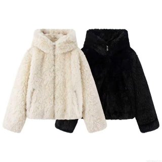 Women's Faux Fur Hooded Jacket Warm Shaggy Short Coat With Heart Zipper Puller Soft Winter Outerwear For Ladies