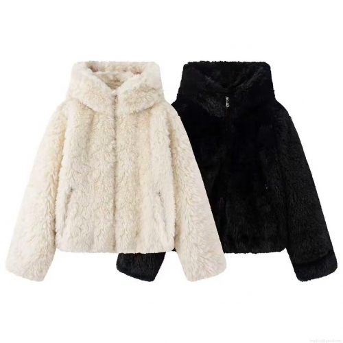 Women's Faux Fur Hooded Jacket Warm Shaggy Short Coat With Heart Zipper Puller Soft Winter Outerwear For Ladies