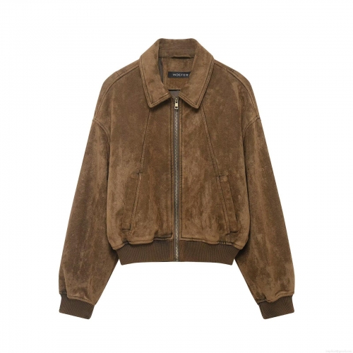 Women's Faux Suede Jacket Vintage Lapel Zip Up Bomber Coat With Ribbed Trim Loose Fit Long Sleeve Short Jacket Outwear For Women Streetwear