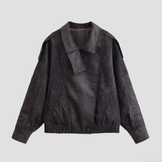 Women's Faux Suede Biker Jacket Solid Color Lapel Zipper Outerwear Loose Long Sleeve Short Moto Coat For Daily Streetwear