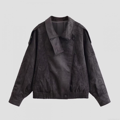 Women's Faux Suede Biker Jacket Solid Color Lapel Zipper Outerwear Loose Long Sleeve Short Moto Coat For Daily Streetwear