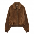 Women's Vintage Suede Bomber Jacket Solid Color Polyester Zipper Lapel Coat With Pockets Casual Streetwear Outerwear For Autumn Winter