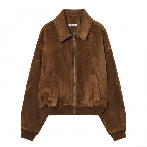 Women's Vintage Suede Bomber Jacket Solid Color Polyester Zipper Lapel Coat With Pockets Casual Streetwear Outerwear For Autumn Winter