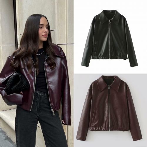 Women's Faux PU Leather Jacket Loose Casual Short Windbreaker Coat With Zipper And Elastic Hem Streetwear Fashion Outerwear For Women