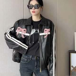 Women's PU Leather Jacket With Pink Bow Embroidery Faux Leather Zip Up Striped Sleeve Loose Casual Outerwear Streetwear Moto Jacket For Women