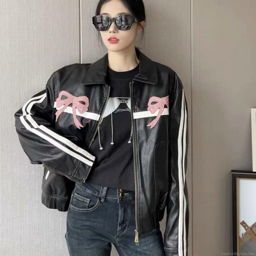 Women's PU Leather Jacket With Pink Bow Embroidery Faux Leather Zip Up Striped Sleeve Loose Casual Outerwear Streetwear Moto Jacket For Women