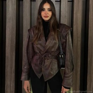 Women Faux Leather Jacket PU Moto Biker Coat Vintage Streetwear With Tie Waist Shoulder Pads Lace-up Back Lapel Outerwear For Party Daily Casual