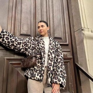 Women Fashion Leopard Print Quilted Jacket Casual Loose Long Sleeve Pockets Lightweight Cardigan Coat For Autumn Winter Streetwear