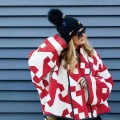 Women's Geometric Print Quilted Jacket 100% Polyester Patchwork Padded Coat Long Sleeve Loose Oversized Casual Outerwear Boho Red White