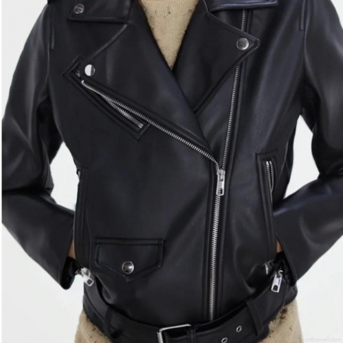 Women's Faux Leather Motorcycle Jacket Vintage PU Biker Coat With Belt And Zippers Lapel Collar Long Sleeve Slim Short Outerwear For Women