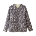 Women's Casual Leopard Print Quilted Jacket Round Neck Zipper Coat With Pockets Lightweight Warm Puffer Outerwear For Autumn Winter