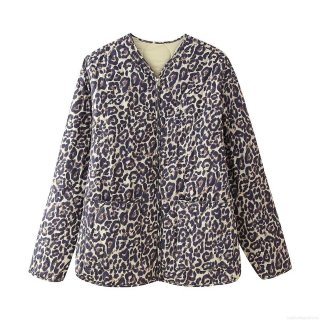 Women's Casual Leopard Print Quilted Jacket Round Neck Zipper Coat With Pockets Lightweight Warm Puffer Outerwear For Autumn Winter