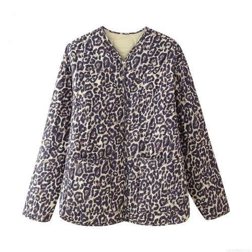 Women's Casual Leopard Print Quilted Jacket Round Neck Zipper Coat With Pockets Lightweight Warm Puffer Outerwear For Autumn Winter