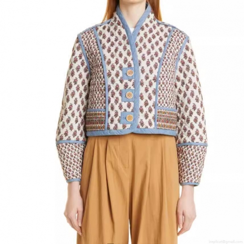 Women's Vintage Floral Print Quilted Jacket Long Sleeve V-Neck Short Crop Outerwear Bohemian Style Padded Cotton Blend Coat For Women