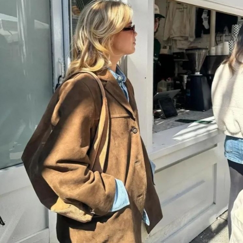 Women Vintage Faux Suede Jacket Retro Single Breasted Oversized Lapel Coat Mid-Length Streetwear Autumn Outerwear With Pockets