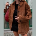 Vintage Faux Suede Lapel Jacket Women Retro Loose Button Up Long Sleeve Coat With Large Pockets Autumn Casual Streetwear Fashion Outerwear