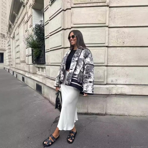 Women's Vintage Toile de Jouy Quilted Jacket French Landscape Animal Print Lightweight Padded Coat Open Front Long Sleeve Casual Outerwear for Women Elegant Streetwear Jackets