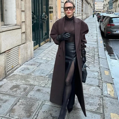 Women's Double Breasted Long Woolen Coat With Belt Elegant Lapel Padded Shoulder Overcoat Autumn Winter Warm Outerwear For Office Daily Streetwear