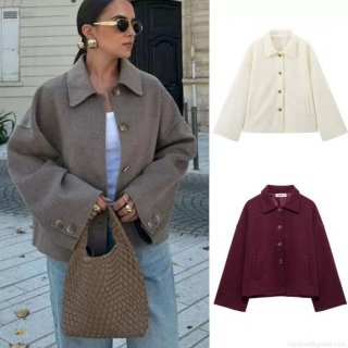 Women's Oversized Woolen Jacket Casual Lapel Button Down Cropped Coat Solid Color Long Sleeve Outwear For Autumn Winter