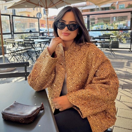 Elegant Women Sequin Tweed Jacket Round Neck Long Sleeve Button Down Cardigan Short Coat For Daily Party Luxury Outerwear