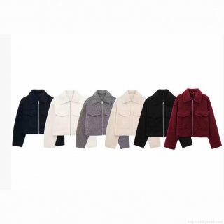 Women's Short Jacket Woolen Fleece Zipper Up Coat With Flap Pockets Casual Autumn Winter Outerwear Fashion Loose Fit Lady Soft Solid Color Warm Lapel Top