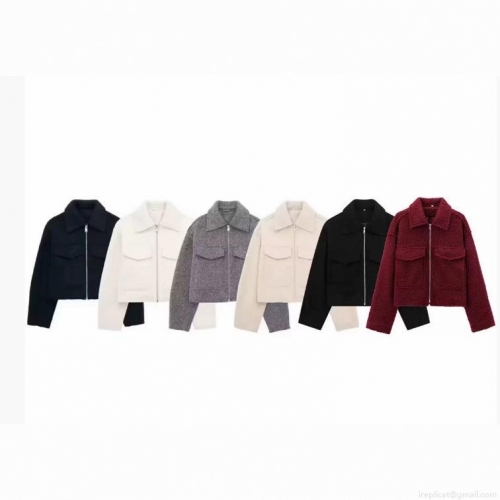 Women's Short Jacket Woolen Fleece Zipper Up Coat With Flap Pockets Casual Autumn Winter Outerwear Fashion Loose Fit Lady Soft Solid Color Warm Lapel Top