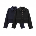 Women Military Style Short Jacket Polyester Wool Blend Lapel Coat With Gold Buttons Epaulettes Casual Solid Outerwear For Ladies