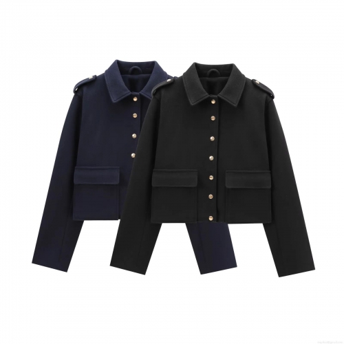 Women Military Style Short Jacket Polyester Wool Blend Lapel Coat With Gold Buttons Epaulettes Casual Solid Outerwear For Ladies