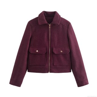 Women's Short Woolen Like Jacket Lapel Zipper Closure Coat With Large Pockets Casual Loose Autumn Winter Warm Outerwear Fashion For Ladies