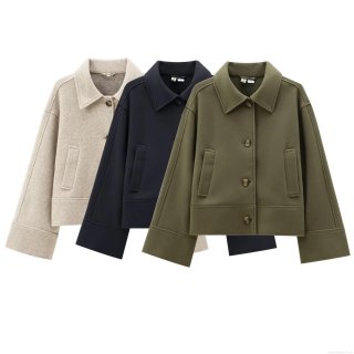 Women's Loose Woolen Felt Jacket Autumn Lapel Long Sleeve Casual Short Outerwear With Pockets For Women Ladies Fashion Solid Color Apricot Black Olive Green Coat