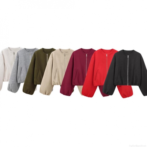 Women's Casual Soft Bomber Jacket Zip Up Round Neck Lantern Sleeve Loose Fit Solid Color Pilot Outerwear Streetwear Jacket for Women