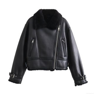 Women's Biker Jacket Faux Leather Shearling Lined Thick Moto Style Zipper Decor Lapel Warm Casual Winter Streetwear Fashion Outwear