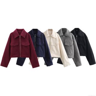 Women's Casual Short Bouclé Woolen Jacket Coat Zipper Closure Lapel Collar Loose Fit Fashion Outwear with Pockets for Autumn Winter