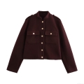 Women's Cropped Woolen Jacket Square Neck Long Sleeve Outerwear With Golden Buttons Solid Reddish Brown Casual Coat For Women Fall Winter
