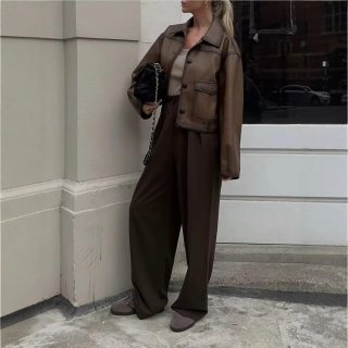 Women's American Retro Dark Brown Faux Leather Jacket Distressed Oil Wax Moto Style Short Coat Loose Long Sleeve Square Collar Outerwear For Autumn Winter Streetwear