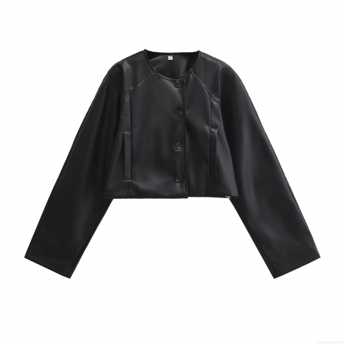 Women's Black Faux Leather Jacket Short Cropped PU Outerwear Round Neck Single Breasted Loose Fit Casual Streetwear Fashion Moto Coat For Ladies