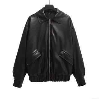 Women's Loose Faux Leather Jacket Casual PU Leather Bomber Coat with Metal Zipper Solid Black Long Sleeve Outerwear for Streetwear