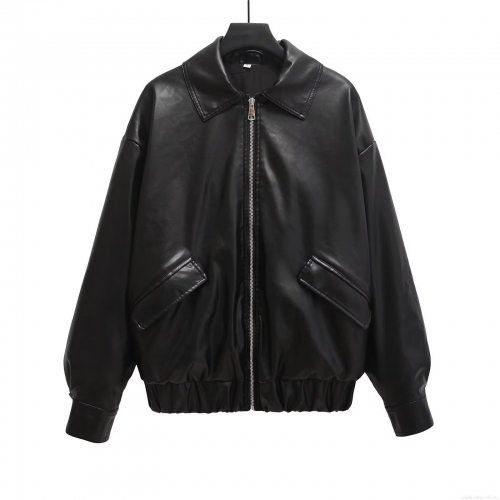 Women's Loose Faux Leather Jacket Casual PU Leather Bomber Coat with Metal Zipper Solid Black Long Sleeve Outerwear for Streetwear