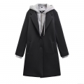 Women's Casual Hooded Long Sleeve Coat Detachable Fake Two-Piece Single Breasted Jacket Patchwork Imitation Woolen Overcoat With Pockets