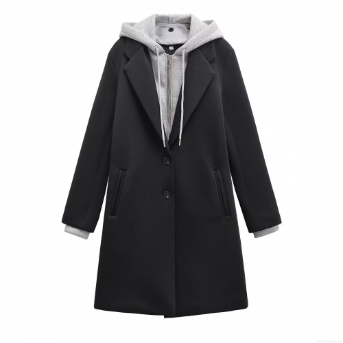 Women's Casual Hooded Long Sleeve Coat Detachable Fake Two-Piece Single Breasted Jacket Patchwork Imitation Woolen Overcoat With Pockets