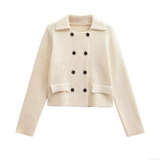 Women's Double Breasted Knitted Cardigan Jacket Solid Color Lapel Collar Chunky Knit Loose Fit Long Sleeve Sweater Outerwear for Autumn Winter Casual Preppy Style Creamy White