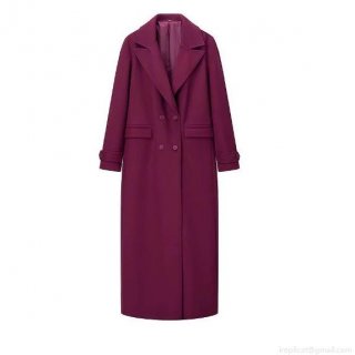 Women Elegant Long Woolen Coat Double Breasted Notched Lapel Loose Fit Winter Overcoat Rose Red Maxi Outerwear Solid Color Long Sleeve Jacket