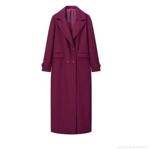 Women Elegant Long Woolen Coat Double Breasted Notched Lapel Loose Fit Winter Overcoat Rose Red Maxi Outerwear Solid Color Long Sleeve Jacket