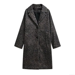 Women's Loose Leopard Print Faux Wool Coat Long Sleeve Notch Lapel Single Breasted Casual Winter Overcoat Outwear