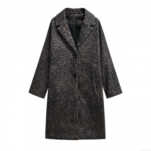 Women's Loose Leopard Print Faux Wool Coat Long Sleeve Notch Lapel Single Breasted Casual Winter Overcoat Outwear